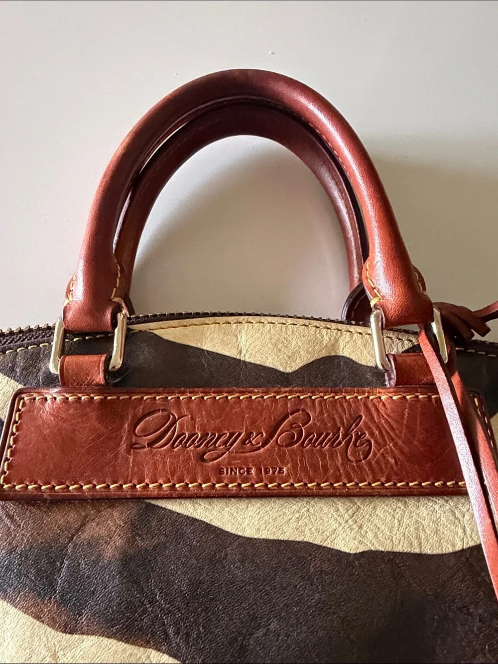 Authentic Dooney & Bourke Brown Cream Zebra-Print Leather Satchel